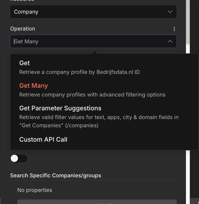 Bedrijfsdata.nl n8n node configuration
